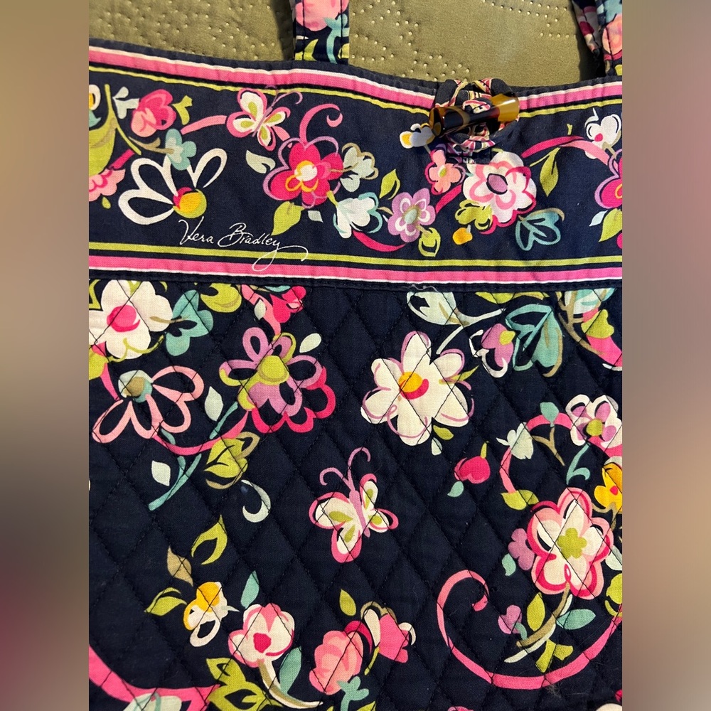 Vera Bradley tote - navy blue with pink floral ribbons